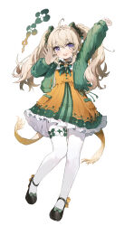 Rule 34 | 1girl, absurdres, ahoge, arm up, blonde hair, blush, bow, bowtie, commentary, coria, dress, dress bow, floral print, footwear bow, full body, green bow, green bowtie, green dress, hair bow, highres, looking at viewer, mary janes, open hand, open mouth, orange dress, original, pantyhose, purple eyes, shoes, simple background, smile, solo, standing, symbol-only commentary, twintails, two-tone dress, waving, white background, white pantyhose