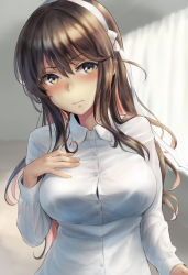 Rule 34 | 1girl, black hair, blurry, blurry background, blush, breasts, buttons, collared shirt, commentary request, curtains, day, fang, fang out, hairband, hand on own chest, head tilt, highres, indoors, kantai collection, kokuzou, large breasts, long hair, long sleeves, looking at viewer, multicolored hair, naganami (kancolle), naganami kai ni (kancolle), partial commentary, pink hair, shirt, sidelocks, solo, taut clothes, taut shirt, two-tone hair, wavy hair, white hairband, white shirt, window, yellow eyes