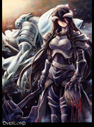 Rule 34 | 1girl, albedo (overlord), armor, axe, battlefield, blood, boobplate, breastplate, cocytus (overlord), commentary request, corpse, death, decapitation, demon horns, disembodied head, facing viewer, faulds, full armor, gauntlets, greaves, grey hair, hair between eyes, hammer, highres, holding, holding head, holding weapon, horns, long hair, overlord (maruyama), pauldrons, severed head, shoulder armor, slit pupils, standing, user xgpy8228, very long hair, weapon, yellow eyes