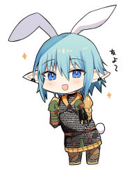 Rule 34 | 1boy, :d, animal ears, armor, blue eyes, blue hair, blush, chainmail, chibi, ear piercing, final fantasy, final fantasy xiv, full body, gloves, green gloves, hair between eyes, hands up, haurchefant greystone, highres, kemonomimi mode, kinona, male focus, open mouth, pauldrons, piercing, pointy ears, rabbit boy, rabbit ears, rabbit tail, shoulder armor, simple background, smile, solo, standing, tail, translation request, white background