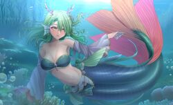 Rule 34 | 1girl, bare shoulders, bikini, blush, breasts, bubble, ceres fauna, collarbone, commentary, coral, detached sleeves, english commentary, green bikini, green hair, highres, hololive, hololive english, horns, long hair, looking at viewer, medium breasts, mermaid, mixed-language commentary, mole, mole under eye, monster girl, monsterification, navel, parted lips, smile, solo, strapless, strapless bikini, swimsuit, underwater, virtual youtuber, webbed hands, yellow eyes, zephylyne
