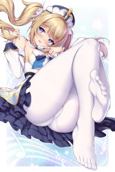Rule 34 | 1girl, ass, barbara (genshin impact), blonde hair, blue eyes, blush, breasts, commentary, detached sleeves, dress, english commentary, feet, foot focus, full body, genshin impact, hands up, hat, highres, ivenglynn, long hair, long sleeves, medium breasts, no shoes, open mouth, panties, panties under pantyhose, pantyhose, sidelocks, sitting, smile, soles, solo, strapless, strapless dress, thighs, twintails, underwear, white dress, white hat, white pantyhose