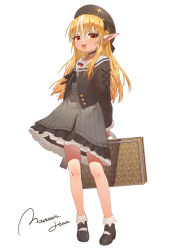 Rule 34 | 1girl, :d, absurdres, aged down, arms behind back, black choker, black footwear, blonde hair, blush, brown hat, brown jacket, child, choker, dark-skinned female, dark skin, dress, full body, grey dress, grey socks, hat, highres, holding, holding suitcase, hololive, jacket, long hair, long sleeves, looking at viewer, mountain han, multicolored hair, open mouth, pinstripe dress, pinstripe pattern, pointy ears, red eyes, sailor collar, sailor dress, shiranui flare, shiranui flare (street), shoes, signature, simple background, smile, socks, solo, streaked hair, striped, suitcase, virtual youtuber, white background, white sailor collar