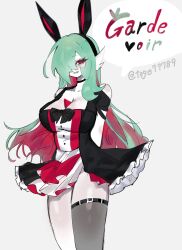 Rule 34 | asymmetrical legwear, bare shoulders, breasts, cleavage, creatures (company), game freak, gardevoir, gen 3 pokemon, green hair, highres, large breasts, long hair, looking at viewer, maid, multicolored hair, nintendo, pokemon, pokemon (creature), rabbit ears, red eyes, red hair, ribbon, smile, thick thighs, thighs, togetoge