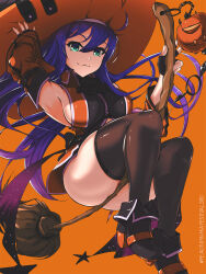 Rule 34 | 1girl, armpits, black gloves, breasts, broom, broom riding, clothing cutout, detached sleeves, fingerless gloves, fire emblem, gloves, green eyes, halloween costume, hat, headband, highres, keldancon, large breasts, long hair, looking at viewer, mia (fire emblem), mia (halloween) (fire emblem), navel cutout, nintendo, official alternate costume, purple hair, smile, solo, thighhighs, white headband, witch, witch hat