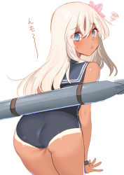 Rule 34 | 1girl, akagi kurage, ass, black one-piece swimsuit, black sailor collar, blonde hair, blue eyes, commentary request, cowboy shot, crop top, flower, from behind, hair flower, hair ornament, highres, kantai collection, long hair, looking at viewer, looking back, one-piece swimsuit, one-piece tan, ro-500 (kancolle), sailor collar, school swimsuit, simple background, solo, swimsuit, tan, tanline, torpedo, white background