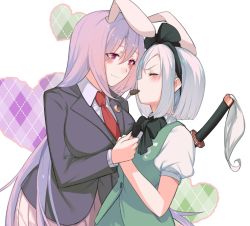 Rule 34 | 2girls, animal ears, black bow, blush, bow, candy, chocolate, chocolate heart, collarbone, commentary, closed eyes, face-to-face, facing another, food, hair bow, heart, holding hands, konpaku youmu, long hair, long sleeves, looking at another, mouth hold, multiple girls, necktie, pink eyes, puffy short sleeves, puffy sleeves, rabbit ears, red neckwear, reisen udongein inaba, short hair, short sleeves, soku (bluerule-graypray), sword, touhou, upper body, valentine, very long hair, weapon, white hair, yuri