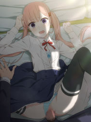 Rule 34 | 10s, 1boy, 1girl, black thighhighs, blouse, blue panties, bow, bow bra, bra, censored, clothed sex, clothing aside, crotch seam, female pubic hair, hetero, koi to uso, long sleeves, long twintails, lying, male pubic hair, missionary, mosaic censoring, mushiro (nijie728995), on back, open clothes, open mouth, open shirt, panties, panties aside, penis, pillow, pubic hair, pussy, pussy juice, sanada ririna, sex, shirt, skirt, spread legs, striped clothes, striped panties, thighhighs, twintails, underwear, vaginal, wavy mouth