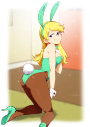 Rule 34 | 1girl, animal ears, aqua bow, aqua bowtie, aqua footwear, aqua leotard, ass, bare arms, bare shoulders, blonde hair, blue eyes, blush, bow, bowtie, brown pantyhose, commentary, detached collar, english commentary, fake animal ears, gloves, hairband, hand on own chest, high heels, highres, indoors, jcm2, kneeling, leni loud, leotard, long hair, looking at viewer, looking back, pantyhose, playboy bunny, rabbit ears, rabbit tail, shoes, solo, sparkle, tail, the loud house, white gloves