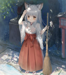 Rule 34 | 1girl, :o, animal ear fluff, animal ears, arm up, blush, breasts, broom, brown eyes, child, commentary request, dappled sunlight, day, foliage, fox ears, fox girl, fox statue, full body, grass, grey hair, hakama, hakama skirt, hand on own forehead, hand up, highres, holding, holding broom, japanese clothes, kimono, lantern, long hair, long skirt, looking at viewer, miko, original, outdoors, parted lips, pavement, pleated skirt, pond, psyche3313, puddle, red hakama, red ribbon, red skirt, ribbon, ribbon-trimmed sleeves, ribbon trim, sandals, see-through, see-through kimono, shadow, short sleeves, sidelocks, skirt, socks, solo, standing, statue, sunlight, tabi, tree, tree shade, very long hair, water, wet, wet clothes, wet kimono, white kimono, white socks, wide sleeves, wiping sweat, wooden lantern, zouri