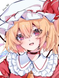 Rule 34 | 1girl, ascot, bat wings, blonde hair, crystal, flandre scarlet, hat, hat ribbon, highres, mob cap, multicolored wings, one side up, open mouth, puffy short sleeves, puffy sleeves, red eyes, red vest, ribbon, ringo no usagi (artist), short sleeves, side ponytail, skirt, skirt set, touhou, vest, white hat, wings, yellow ascot