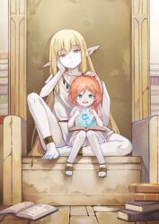 Rule 34 | 2girls, absurdres, barefoot, blonde hair, book, book stack, braid, closed mouth, commentary, dress, elf, expressionless, flamme (sousou no frieren), flower, full body, green eyes, head rest, highres, knee up, long hair, long pointy ears, looking at another, magic, multiple girls, open book, open mouth, orange hair, pointy ears, sandals, serie (sousou no frieren), side braid, single braid, sitting, smile, sousou no frieren, throne, white dress, yellow eyes, yoshikawa hiro