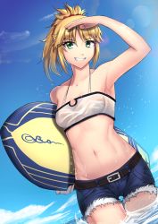 Rule 34 | 1girl, absurdres, armpits, belt, bikini, bikini top only, blonde hair, breasts, c.h.a, cutoff jeans, cutoffs, fate/grand order, fate (series), green eyes, highres, holding, holding behind back, looking at viewer, midriff, mordred (fate), mordred (fate) (all), mordred (fate/apocrypha), mordred (swimsuit rider) (fate), navel, partially submerged, ponytail, short hair, short shorts, shorts, small breasts, solo, spaghetti strap, surfboard, swimsuit, thigh gap, wading