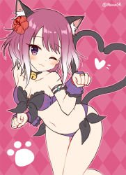 Rule 34 | 1girl, ;3, animal ear fluff, animal ears, argyle, argyle background, argyle clothes, bare shoulders, bikini, blush, bridal gauntlets, brown eyes, brown hair, cat ears, cat girl, cat tail, character request, closed mouth, collarbone, commentary request, flower, front-tie bikini top, front-tie top, gradient hair, hair flower, hair ornament, hand up, heart, heart tail, leaning forward, looking at viewer, mauve, multicolored hair, multiple tails, navel, nekomata, one eye closed, paw pose, princess connect!, purple bikini, red flower, side-tie bikini bottom, solo, strapless, strapless bikini, swimsuit, tail, tamaki (princess connect!), tamaki (summer) (princess connect!), twitter username, two tails, white hair