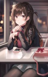 Rule 34 | 1girl, bag, black jacket, black pantyhose, blurry, blurry background, blush, braid, breasts, brown eyes, brown hair, cellphone, closed mouth, commentary, depth of field, earrings, frown, grey skirt, hands up, highres, holding, holding pen, indoors, jacket, jewelry, kanojo okarishimasu, large breasts, long hair, long sleeves, looking at viewer, mizuhara chizuru, necklace, one side up, pantyhose, pearl necklace, pen, phone, red sweater, ribbed sweater, sitting, skirt, sleeves past wrists, smartphone, solo, stud earrings, sweater, table, tokkyu, window