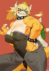 Rule 34 | 1girl, bad id, bad twitter id, bebebe, black dress, blonde hair, blue eyes, bowser, bowsette, breasts, cleavage, collar, dress, fingernails, fire, grin, hand on own hip, horns, looking at viewer, mario (series), monster girl, new super mario bros. u deluxe, nintendo, ponytail, red background, reptilian, sharp fingernails, simple background, smile, solo, spiked collar, spiked shell, spikes, super crown, thick eyebrows
