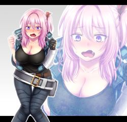 Rule 34 | 1girl, bent over, blush, breasts, cleavage, embarrassed, fangs, gloves, hair ornament, junrei (nyorori), large breasts, long hair, nyorori (tatsutaage), open mouth, original, pink hair, purple eyes, ribbon, side ponytail, single glove, solo, thighs, wavy mouth