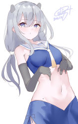 Rule 34 | 1girl, absurdres, blue skirt, calin, crop top, dated, fake horns, gradient neckerchief, grey eyes, grey hair, highres, horned headwear, horns, i-201 (kancolle), kantai collection, long hair, low twintails, midriff, mole, mole on stomach, navel, neckerchief, one-hour drawing challenge, pencil skirt, sailor collar, signature, simple background, skirt, solo, stomach, twintails, white background, white neckerchief, white sailor collar