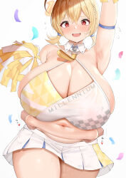 Rule 34 | 1girl, ?, absurdres, ahoge, arm up, armband, armpits, belly, belly grab, blonde hair, blue archive, blue armband, blush, braid, breasts, cheerleader, chomikuplus, cleavage, collarbone, commentary request, covered erect nipples, cowboy shot, disembodied hand, gigantic breasts, hair between eyes, halo, head tilt, heart, highres, holding, holding pom poms, kotori (blue archive), kotori (cheer squad) (blue archive), long hair, looking at viewer, millennium cheerleader outfit (blue archive), miniskirt, muffin top, navel, open mouth, pleated skirt, plump, pom pom (cheerleading), pom poms, red eyes, short twintails, skirt, solo focus, thick thighs, thighs, translation request, twintails, variant set, white background, white skirt, wing collar, yellow halo