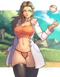 Rule 34 | 1girl, absurdres, babusgames, breasts, brown hair, commentary, creatures (company), cropped legs, day, earrings, english commentary, fur trim, game freak, green eyes, highres, jewelry, lab coat, large breasts, long hair, looking to the side, navel, necklace, nintendo, outdoors, parted lips, poke ball, pokemon, pokemon sv, sada (pokemon), sky, smile, solo, standing, stomach, teeth, thick thighs, thighs, tree