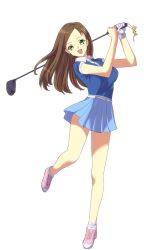 Rule 34 | 1girl, alternate costume, breasts, brown hair, commentary request, golf club, hair ornament, hairclip, long hair, looking at viewer, murata tefu, open mouth, skirt, smile, solo, sophia esteed, star ocean, star ocean till the end of time, white background