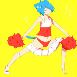 Rule 34 | 1boy, animal ears, bare arms, bare legs, bare shoulders, barefoot, blue hair, cat boy, cat ears, cat tail, cheerleader, child, closed mouth, collarbone, colored eyelashes, crossdressing, closed eyes, full body, gumball watterson, highres, male focus, mei (tsukimei99), navel, panties, pom pom (cheerleading), shadow, shoes, simple background, skirt, solo, tail, tank top, the amazing world of gumball, underwear, yellow background