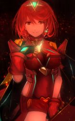 Rule 34 | 1girl, blush, breasts, earrings, fingerless gloves, gloves, hair ornament, highres, jewelry, looking at viewer, nintendo, pyra (xenoblade), red eyes, red hair, short hair, shorts, sidelocks, simple background, smile, solo, tarbo (exxxpiation), tiara, xenoblade chronicles (series), xenoblade chronicles 2, xenoblade chronicles (series), xenoblade chronicles 2