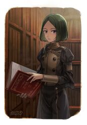 Rule 34 | 1boy, blue eyes, book, border, dated, fire emblem, fire emblem: three houses, fon-due (fonfon), garreg mach monastery uniform, highres, holding, holding book, library, light particles, linhardt von hevring, long sleeves, looking at viewer, low ponytail, male focus, nintendo, parted lips, signature, solo, white border