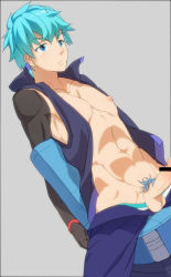 Rule 34 | 1boy, abs, blue eyes, blue hair, character request, clothes pull, erection, jacket, male focus, nipples, open clothes, open jacket, pants, pants pull, pectorals, penis, piercing, pubic hair, sigerufn, sitting, sleeveless, solo, toned, toned male, undressing