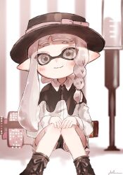 Rule 34 | .96 gal (splatoon), 1girl, artist name, asymmetrical hair, black footwear, black hat, black shirt, black shorts, blush, boater hat, boots, bow, braid, closed mouth, collared shirt, cross-laced footwear, dot nose, eyes visible through hair, grey bow, grey eyes, grey hair, hands on own knees, hat, hat bow, highres, inkling, inkling girl, inkling player character, lace-up boots, long hair, long sleeves, looking at viewer, nintendo, plum0o0, pointy ears, shirt, shorts, signature, sitting, smile, solo, splash wall (splatoon), splatoon (series), suction cups, tentacle hair, two-tone shirt, white shirt