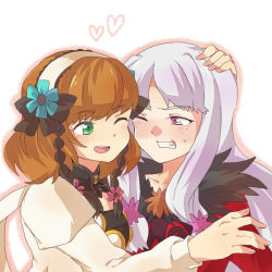 Rule 34 | 2girls, agria (tales), bad id, bad pixiv id, bow, braid, brown hair, clenched teeth, detached collar, female focus, flower, freckles, fur trim, green eyes, hair flower, hair ornament, hair ribbon, hairband, hand on another&#039;s head, hand on shoulder, le-iu, leia rolando, long hair, multiple girls, one eye closed, open mouth, purple eyes, ribbon, short hair, smile, tales of (series), tales of xillia, teeth, white hair, wink