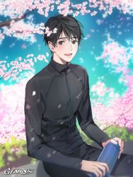 Rule 34 | 1boy, :d, artist name, bishounen, black eyes, black hair, black jacket, black pants, blue sky, blurry, blurry background, blush, branch, cherry blossoms, cloud, cloudy sky, commentary, day, depth of field, fingernails, flower, gearous, grass, happy, highres, holding, holding thermos, jacket, katsuki yuuri, lips, looking at viewer, male focus, open mouth, outdoors, pants, petals, pink flower, sitting, sky, smile, spring (season), symbol-only commentary, teeth, thermos, track jacket, track pants, upper body, upper teeth only, wind, wind lift, yuri!!! on ice