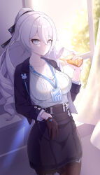Rule 34 | 1girl, absurdres, artist request, black gloves, black jacket, black skirt, breasts, bronya zaychik, bronya zaychik (silverwing: n-ex), cleavage, closed mouth, cup, drill hair, earrings, gloves, grey eyes, grey hair, hair between eyes, highres, holding, holding cup, honkai (series), honkai impact 3rd, id card, indoors, jacket, jewelry, large breasts, long hair, long sleeves, looking at viewer, office lady, official alternate costume, pantyhose, ponytail, shirt, single glove, skirt, smile, solo, sweater, twin drills, white shirt, window