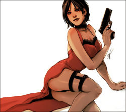 Rule 34 | 1girl, ada wong, breasts, dress, evening gown, female focus, gun, holster, panties, red dress, resident evil, resident evil 4, short hair, solo, underwear, weapon, white background
