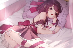 Rule 34 | 1girl, :d, ass, blunt bangs, blurry, blush, copyright request, depth of field, dress, grey dress, highres, honotai, leg ribbon, looking at viewer, lying, on bed, on side, open mouth, purple eyes, purple hair, ribbon, short hair, smile, solo, virtual youtuber