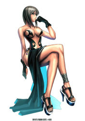 Rule 34 | 1girl, anklet, blue eyes, breasts, dress, gloves, high heels, jewelry, large breasts, legs, crossed legs, long legs, open shoes, original, ryu (ryu&#039;s form site), shoes, silver hair, sitting, skinny, slender, solo