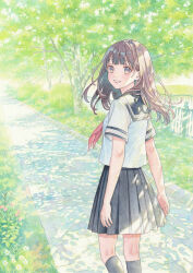 Rule 34 | 1girl, 2024, back, black sailor collar, black skirt, black thighhighs, brown eyes, brown hair, commentary request, dated, flower, grass, highres, k.nishiyama, leaf, light blush, long hair, looking at viewer, looking back, neckerchief, original, outdoors, painting (medium), pleated skirt, red flower, red neckerchief, sailor collar, school uniform, serafuku, signature, skirt, smile, solo, thighhighs, traditional media, tree, watercolor (medium), white flower, white serafuku