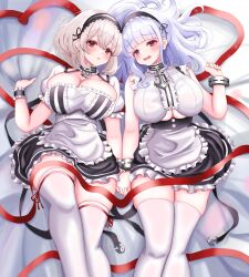 Rule 34 | anchor necklace, apron, azur lane, bed sheet, black wrist cuffs, breasts, cleavage, collar, dido (azur lane), frilled apron, frills, grey hair, highres, holding hands, jewelry, kokonoe910, large breasts, long hair, lying, maid, maid apron, maid headdress, metal collar, necklace, on back, open mouth, purple eyes, red eyes, red ribbon, ribbon, sheet grab, short hair, sirius (azur lane), thighhighs, two-tone dress, underboob, white thighhighs, wrist cuffs