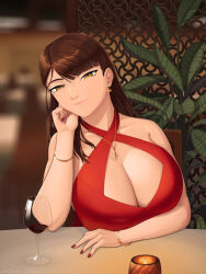 Rule 34 | bracelet, breasts, cleavage, dress, jewelry, large breasts, looking at viewer, nail, nail polish, red dress, sin quota, table