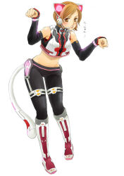 Rule 34 | 1girl, animal ear headphones, animal ears, blush, boots, brown eyes, brown hair, cat ear headphones, cat ears, cat girl, cat tail, cosplay, detached sleeves, fake animal ears, female focus, full body, headphones, headset, kaito (cosplay), kaito (vocaloid), meiko (vocaloid), meikousei, midriff, navel, project diva, project diva (series), project diva 2nd, short hair, simple background, solo, standing, sweatdrop, tail, vocaloid, white background
