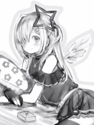 Rule 34 | 1girl, amane kanata, amane kanata (work), angel, angel wings, belt, closed mouth, gloves, greyscale, hair over one eye, halo, highres, hololive, hugging object, jewelry, long hair, looking at viewer, miniskirt, monochrome, nanashi (nlo), necklace, off shoulder, partially fingerless gloves, pillow, pillow hug, pleated skirt, short sleeves, skirt, smile, solo, star halo, two side up, virtual youtuber, white background, wings