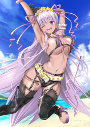 Rule 34 | 1girl, ;d, armpits, arms up, bb (fate), bb (fate) (all), bb (swimsuit mooncancer) (fate), bb (swimsuit mooncancer) (second ascension) (fate), beach, bikini, bikini under clothes, black gloves, black leggings, black shorts, blue sky, blush, breasts, cloud, day, fate/grand order, fate (series), gloves, hair between eyes, hair ornament, hair ribbon, head tilt, high heels, horizon, jumping, large breasts, leggings, long hair, looking at viewer, micro shorts, nail polish, navel, ocean, one eye closed, open mouth, outdoors, pink ribbon, purple bikini, purple eyes, purple footwear, purple hair, red nails, ribbon, round teeth, sand, sandals, shorts, sky, smile, solo, star (symbol), star hair ornament, swimsuit, teeth, toenail polish, toenails, twitter username, tyone, upper teeth only, very long hair, water