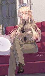 Rule 34 | 1girl, absurdres, alternate costume, artist name, blonde hair, blue eyes, brown footwear, commentary request, couch, crossed arms, crossed legs, headgear, highres, himeyamato, indoors, iowa (kancolle), kantai collection, long hair, looking at viewer, military uniform, on couch, one eye closed, paid reward available, shirt tucked in, sitting, solo, star-shaped pupils, star (symbol), symbol-shaped pupils, uniform