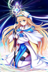 Rule 34 | 10s, 1girl, blonde hair, blue background, blue eyes, blush, boots, breasts, goblin slayer!, hat, highres, holding, holding staff, knee boots, kneeling, long hair, long sleeves, looking at viewer, priestess (goblin slayer!), robe, small breasts, smile, solo, staff, thigh boots, thighhighs, very long hair, white footwear, white hat, white robe, white thighhighs, zen mine