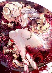 Rule 34 | 1girl, absurdres, alcohol, anklet, barefoot, blonde hair, bracelet, braid, breasts, chalice, chilcy35, cleavage, corset, cup, dress, food, fruit, grapes, hair between eyes, highres, huge filesize, jewelry, long hair, looking at viewer, multicolored hair, original, puffy short sleeves, puffy sleeves, purple eyes, short sleeves, smile, solo, stain, stained clothes, thigh strap, two-tone hair, white dress, wine