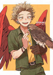 Rule 34 | 1boy, bird, blonde hair, boku no hero academia, border, bracelet, collared shirt, cowboy shot, dog tags, ear piercing, earbuds, earphones, earrings, facial hair, facial mark, falcon, falconry glove, feathered wings, feathers, feeding, gloves, goatee, green pants, green shirt, hawk, hawks (boku no hero academia), jewelry, kadeart, light blush, looking at animal, male focus, open clothes, open mouth, open shirt, outside border, pants, piercing, red feathers, red wings, ring, shirt, short hair, single glove, solo, stubble, stud earrings, teeth, tongue, twitter username, two-tone background, upper teeth only, white border, wings, yellow background, yellow eyes, yellow shirt, zookeeper
