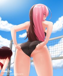 Rule 34 | 2girls, adjusting clothes, adjusting swimsuit, beach volleyball, bikini, bikini top only, black bikini, blue sky, blush, brown hair, censored, cloud, cslucaris, day, embarrassed, eyes visible through hair, has uncensored version, long hair, looking at viewer, looking back, mosaic censoring, multicolored hair, multiple girls, neo politan, open mouth, outdoors, pink eyes, pink hair, pussy, red bikini, red hair, ruby rose, rwby, short hair, signature, sky, solo focus, split-color hair, straight hair, swimsuit, two-tone hair, watermark, web address