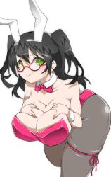 Rule 34 | 1girl, animal ears, bare shoulders, black hair, blush, breast suppress, breasts, cleavage, fake animal ears, female focus, glasses, green eyes, hair ornament, highres, huge breasts, leotard, long hair, ohako, original, pantyhose, playboy bunny, rabbit ears, simple background, solo, standing, twintails, white background