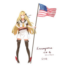 Rule 34 | 10s, 1girl, american flag, belt, blonde hair, character name, enterprise (pacific), flag, hair ornament, hat, highres, jeanex, kantai collection, long hair, original, pacific (kancolle), red eyes, solo, uniform, uss enterprise (cv-6)