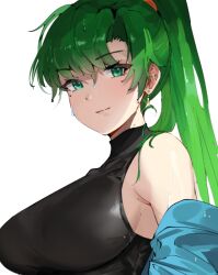 Rule 34 | 1girl, bare shoulders, black shirt, breasts, close-up, commentary, earrings, english commentary, fire emblem, fire emblem: the blazing blade, green eyes, green hair, high ponytail, jewelry, large breasts, looking at viewer, lyn (fire emblem), nintendo, ormille, ponytail, pout, shirt, sideboob, smile, solo, sweat, upper body, white background